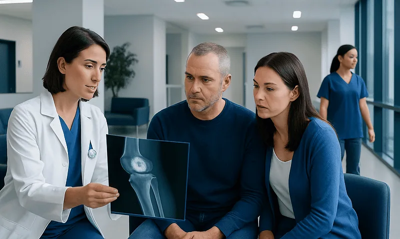 Medical team reviewing X-ray image of knee in hospital setting.