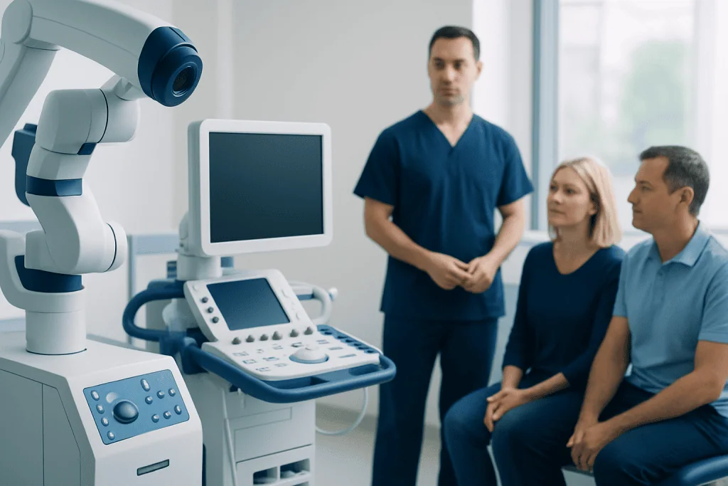 Medical team preparing ultrasound equipment in a hospital setting.