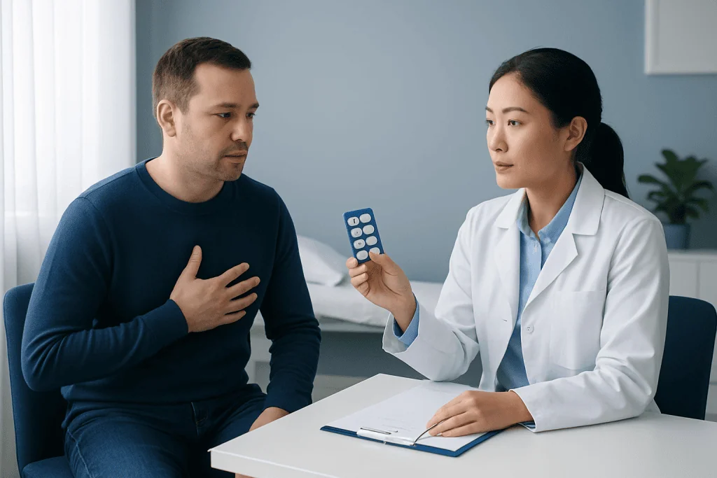Doctor consulting with patient about heartburn symptoms in a clinic.