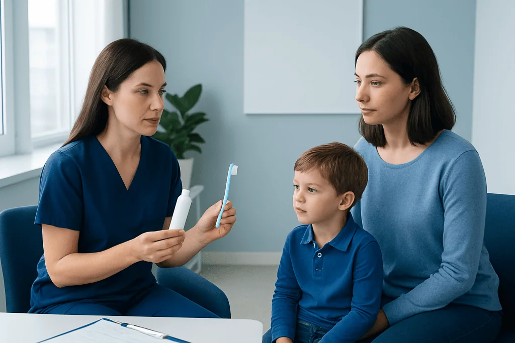 Pediatric dental consultation at Acibadem Hospital with a dentist, mother, and child.