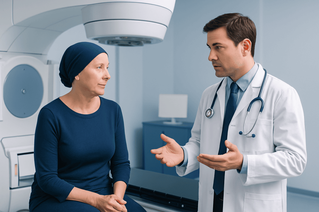 Oncologist discussing treatment options with a female patient in a hospital.