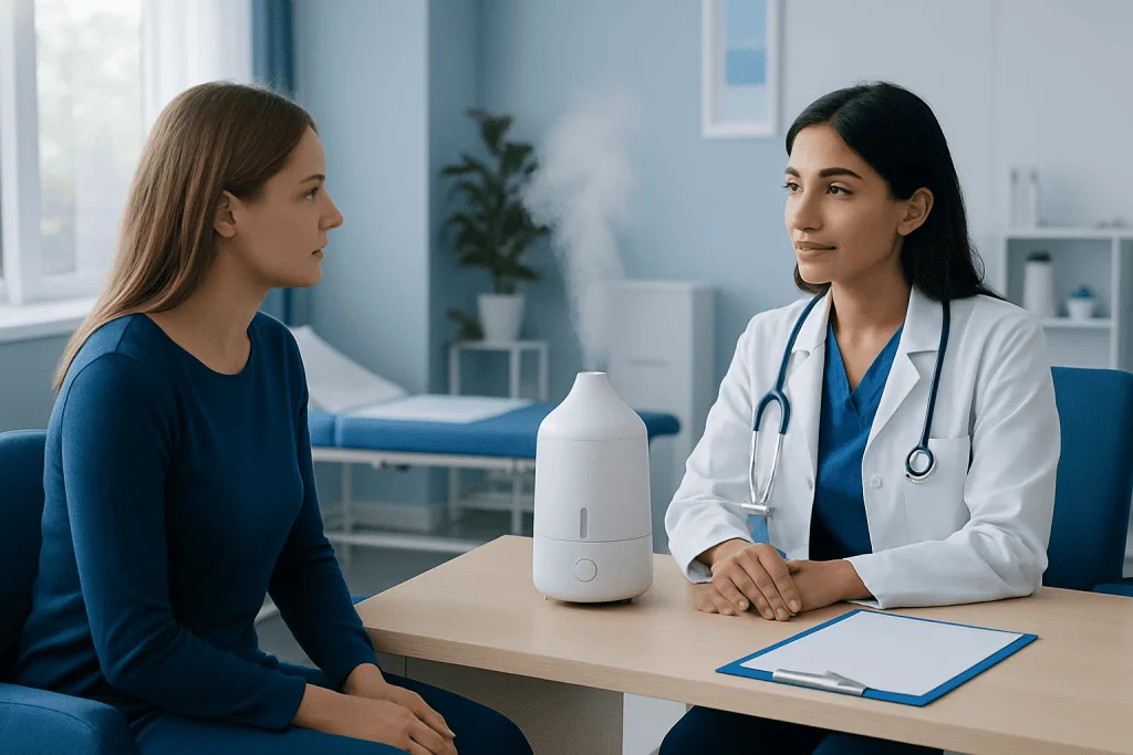Doctor explaining humidifier benefits for eczema to patient in clinic.