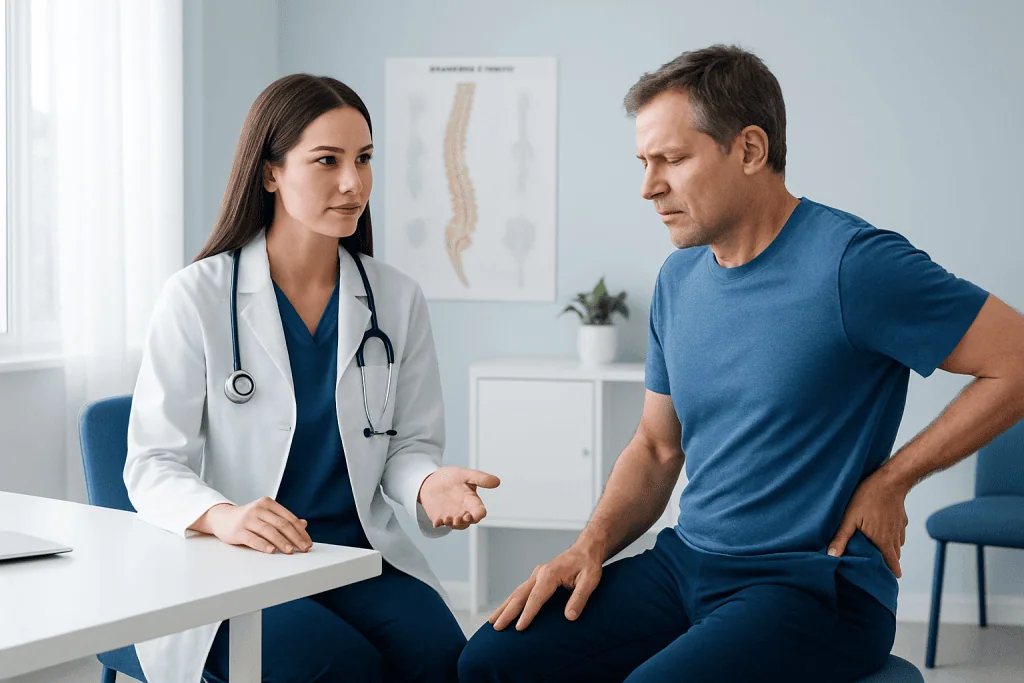 Doctor consulting with patient about back pain and sciatica treatment options.