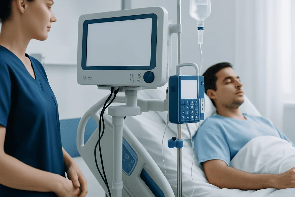 Patient in hospital bed connected to medical monitoring equipment.