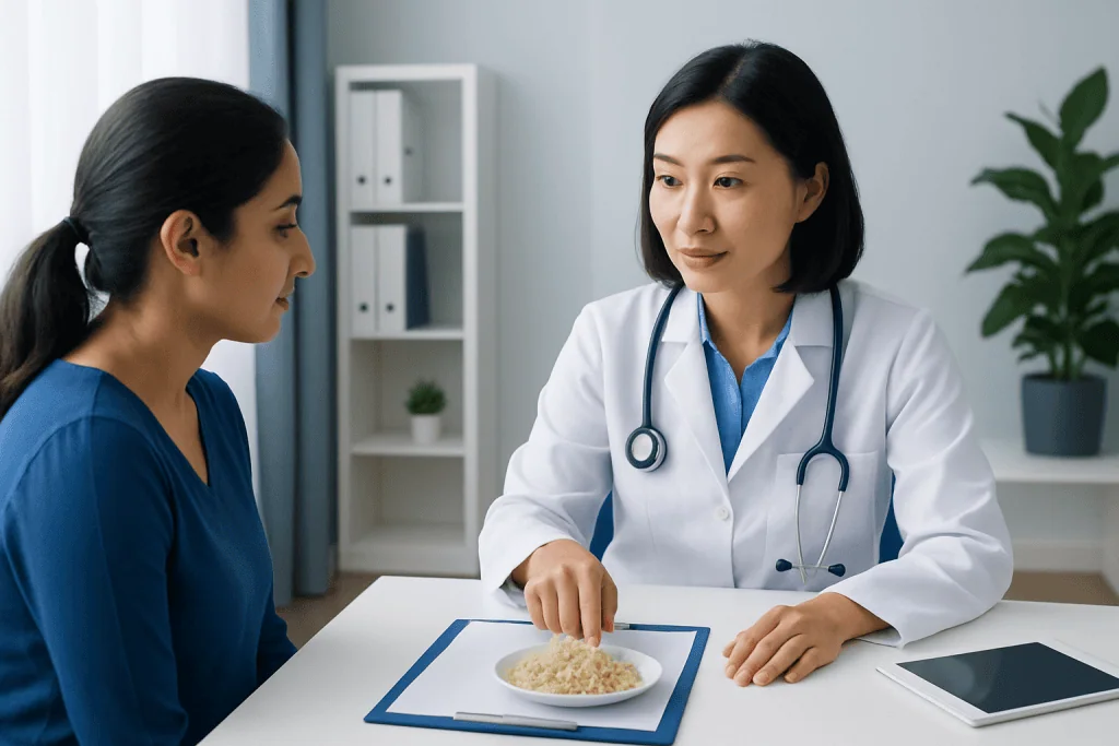 Doctor explaining rice nutrition to patient in a medical consultation.