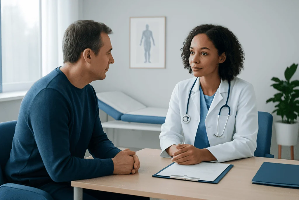 Doctor consulting with a patient in a modern hospital room.