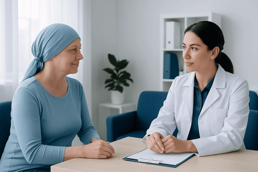 Oncologist consulting a chemotherapy patient in a medical office.