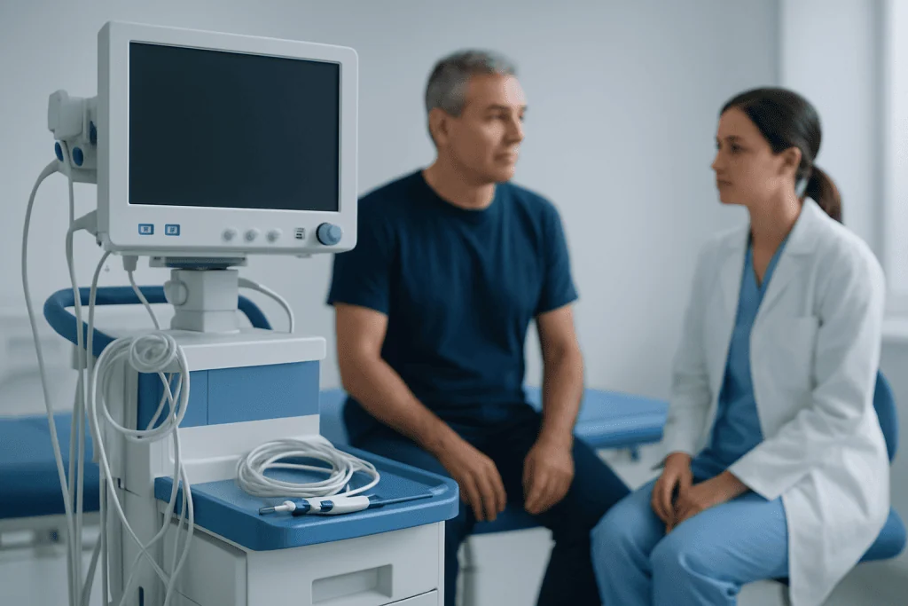 Doctor consulting patient in a medical examination room with ultrasound equipment.
