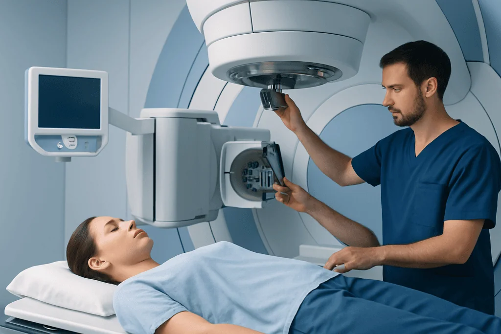 Medical professional preparing MRI scan for patient in hospital.