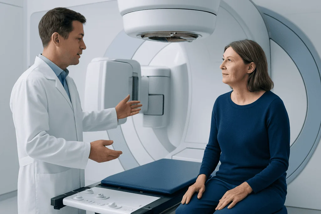 Medical professional explaining MRI procedure to a patient in a hospital.