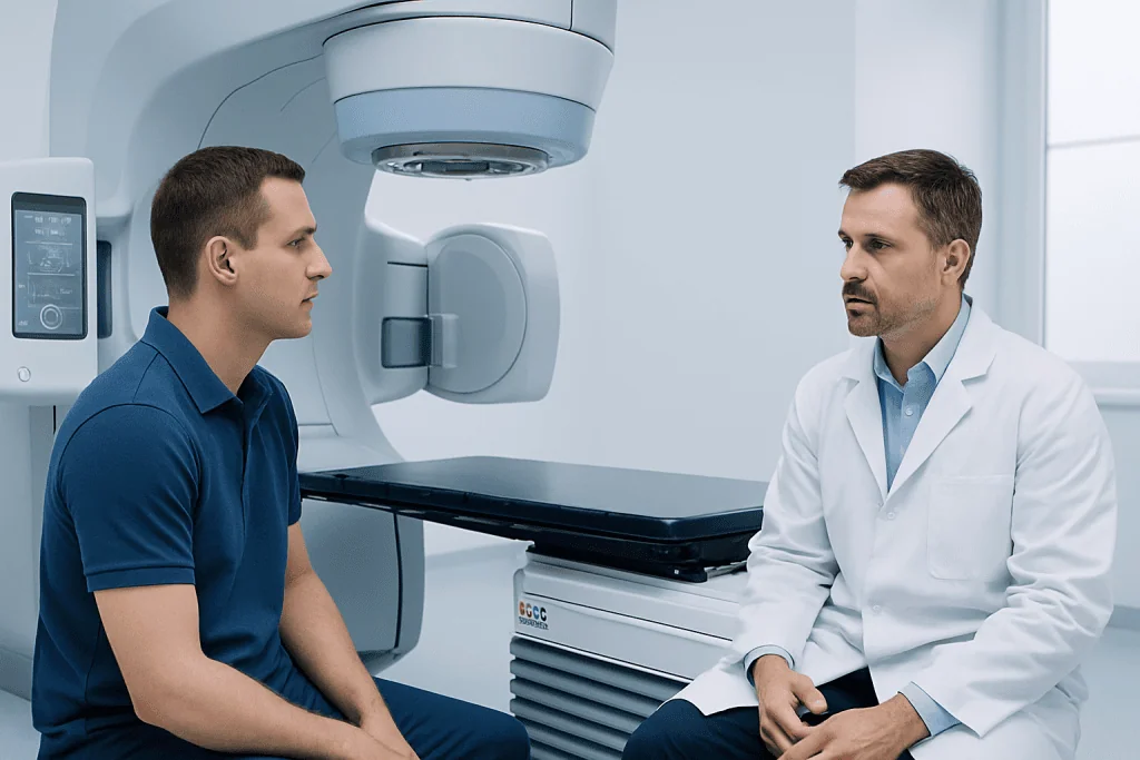 Patient and doctor discussing MRI scan in a medical facility.