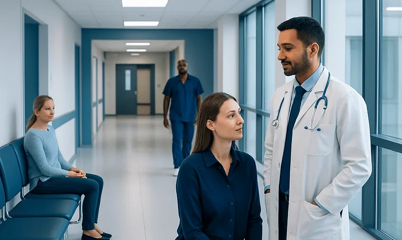 Doctor consulting with a young female patient in hospital corridor.