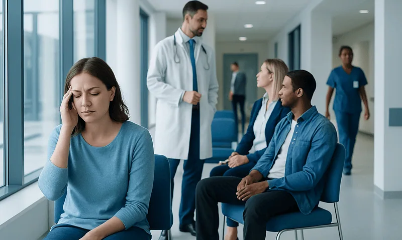 Woman with headache in hospital waiting area with doctor and patients.