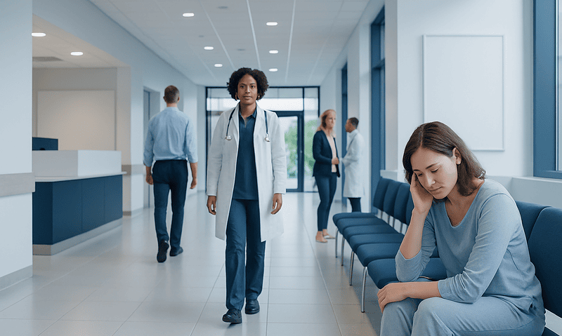 Chronic Insomnia — Explained by Medical Evidence, Not Myths 6 Young woman with headache in hospital waiting area, doctor walking by.