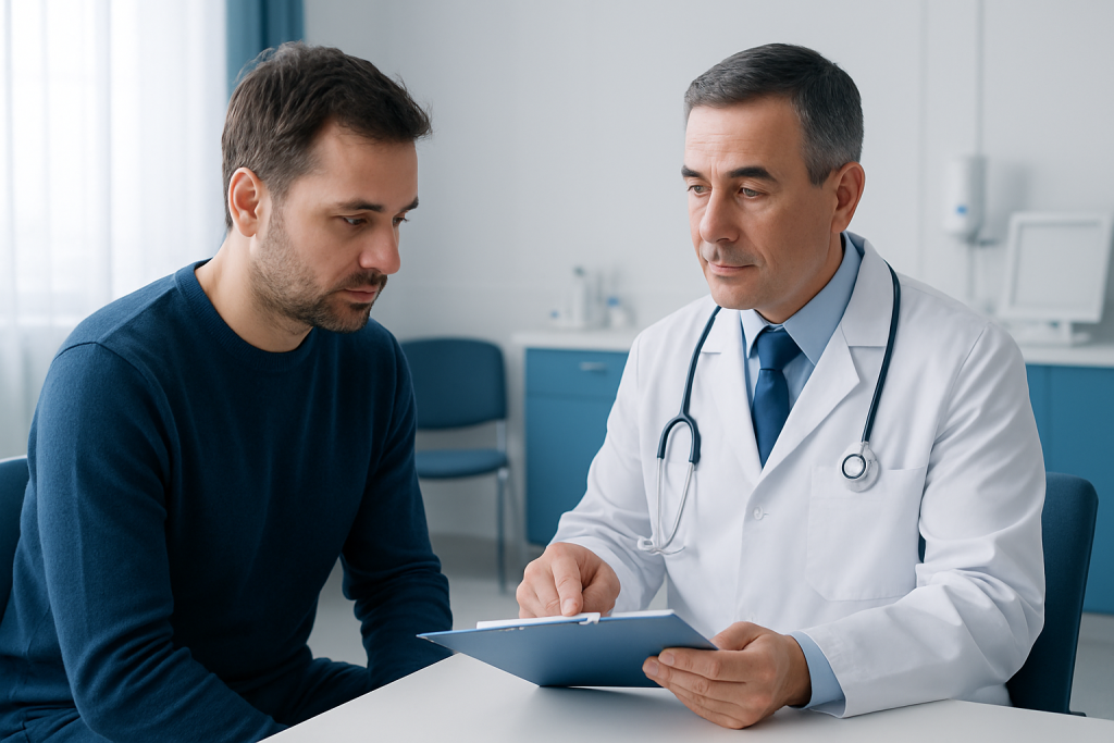 Doctor consulting with patient in a medical office setting.