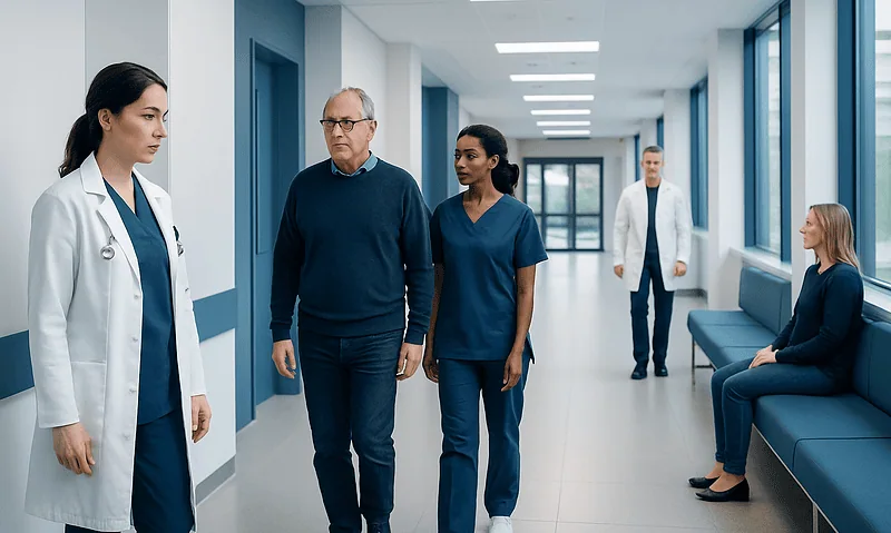 Medical team discussing patient care in hospital corridor.