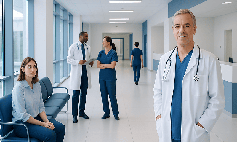 Healthcare professionals and patient in a modern hospital corridor.