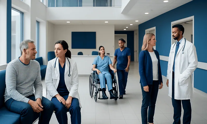 Medical team consulting with patient in hospital corridor at Acibadem Hospitals.