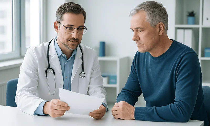 Doctor consulting with a patient in a modern medical office.