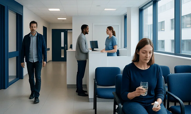 Patients waiting and consulting in a modern hospital reception area.