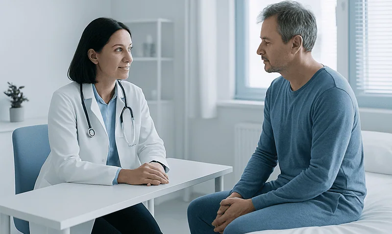 Doctor consulting with male patient in a medical office setting.