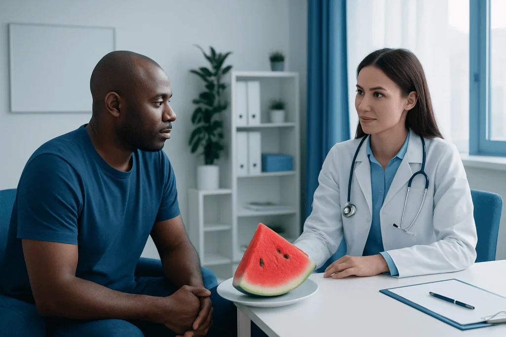 Doctor discussing health with patient, watermelon slice on table.