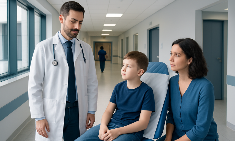 Doctor consulting a young boy and his mother in a hospital corridor.
