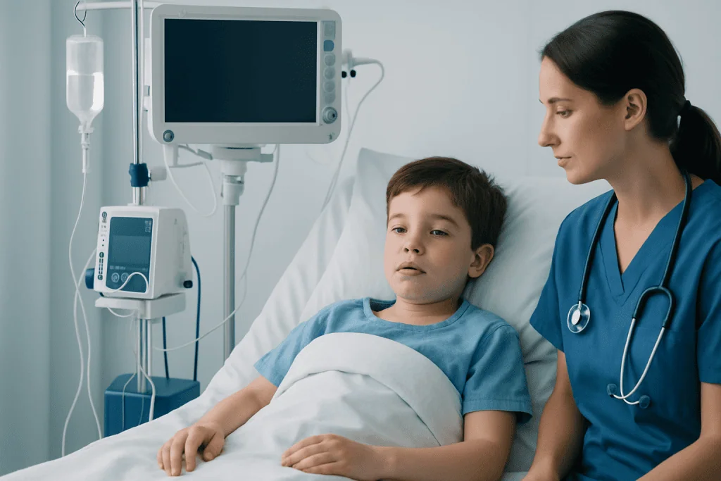 Child in hospital bed with medical staff and monitoring equipment.