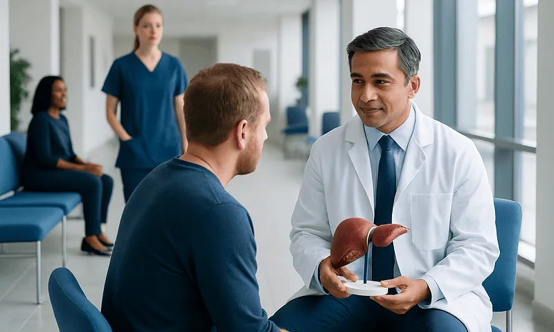 Cirrhosis Liver Transplant: Procedure, Recovery and Results 17 Doctor explaining liver transplant to patient in hospital setting.