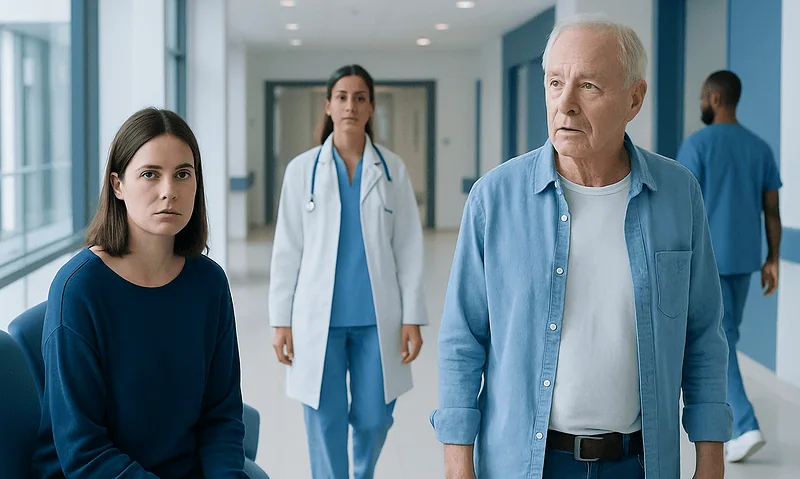 Patients and doctor in hospital corridor at Acibadem Hospitals Group.
