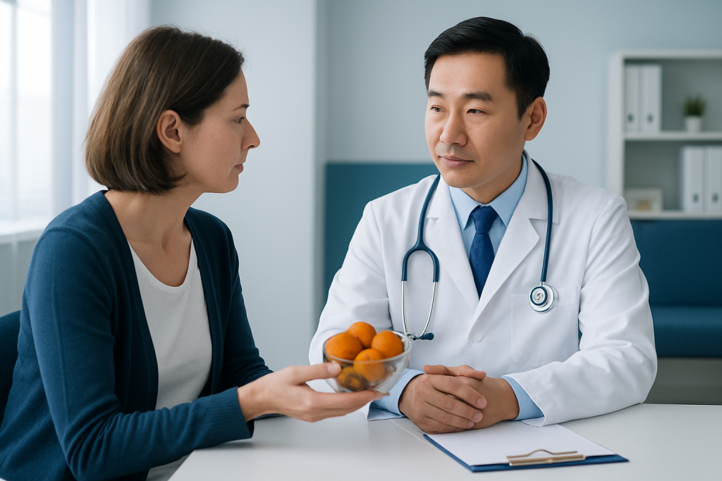 Doctor consulting with a female patient in a modern hospital setting.