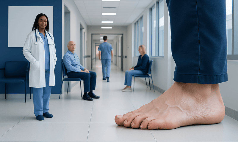 Large foot with claw toe condition in hospital corridor for medical consultation.