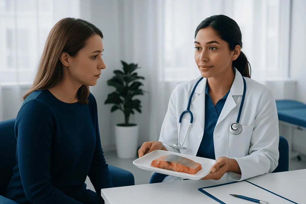 Doctor explaining salmon health to patient in clinic setting.