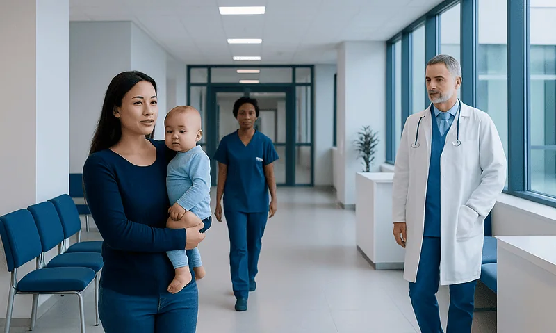 Mother with child in hospital corridor with medical staff and doctor.