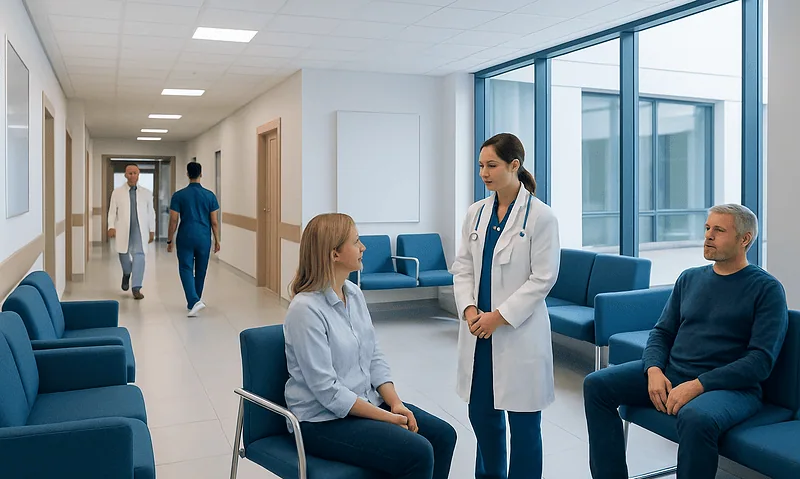 Medical consultation in a modern hospital corridor with doctors and patients.