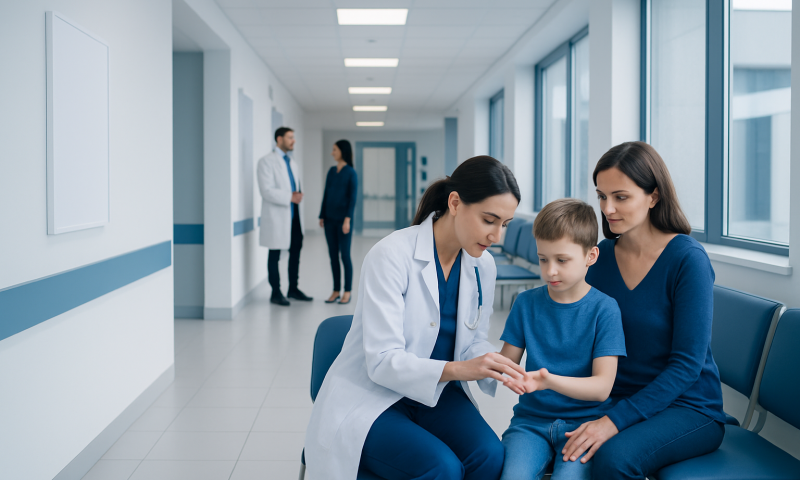 Doctor consulting with young patient and mother in hospital corridor.