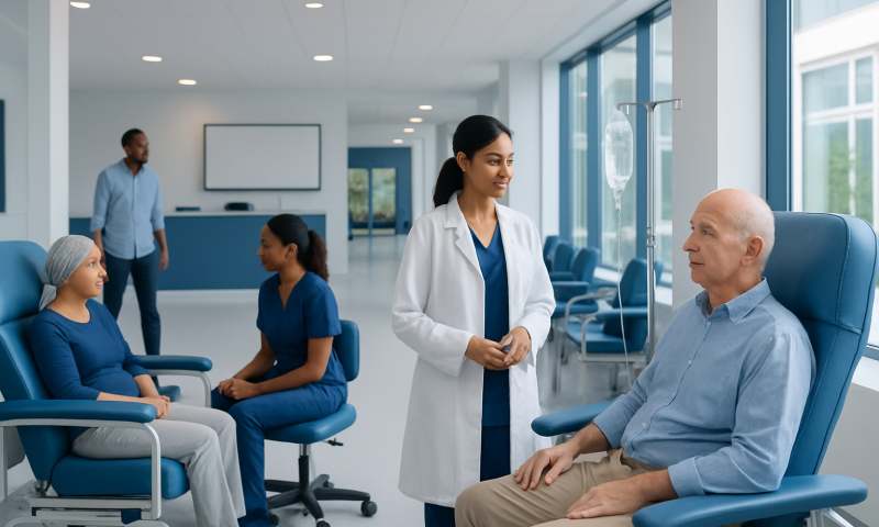 Healthcare professionals and patients in a modern hospital setting.