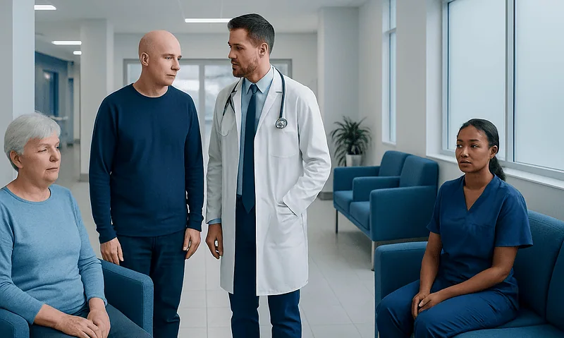 Doctor consulting with patients in a hospital waiting area.