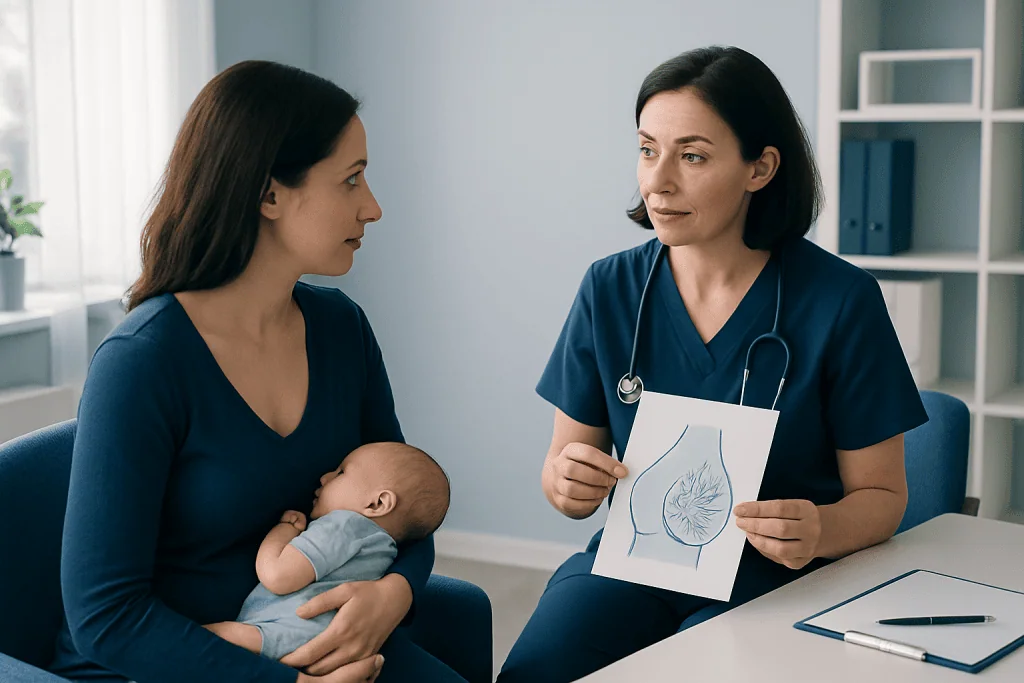 Breastfeeding consultation with doctor showing breast diagram to mother and baby.