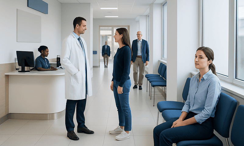 Doctor consulting with a patient in a modern hospital corridor.