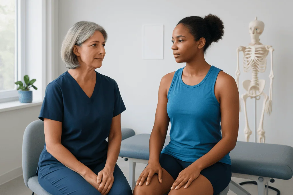 Doctor consulting a young woman in a physical therapy clinic.