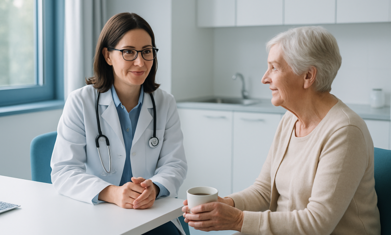 Doctor consulting elderly woman in a medical office at Acibadem Hospitals Group.