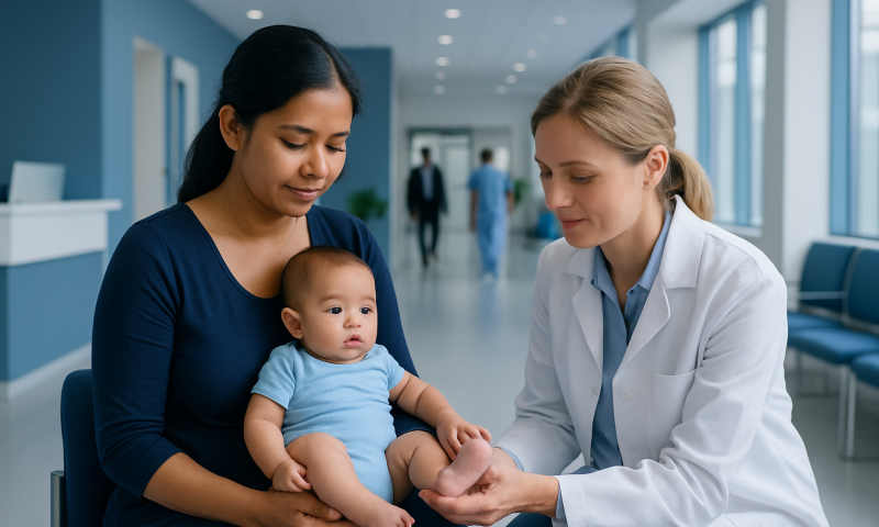 Doctor examining a baby's foot in a hospital corridor.