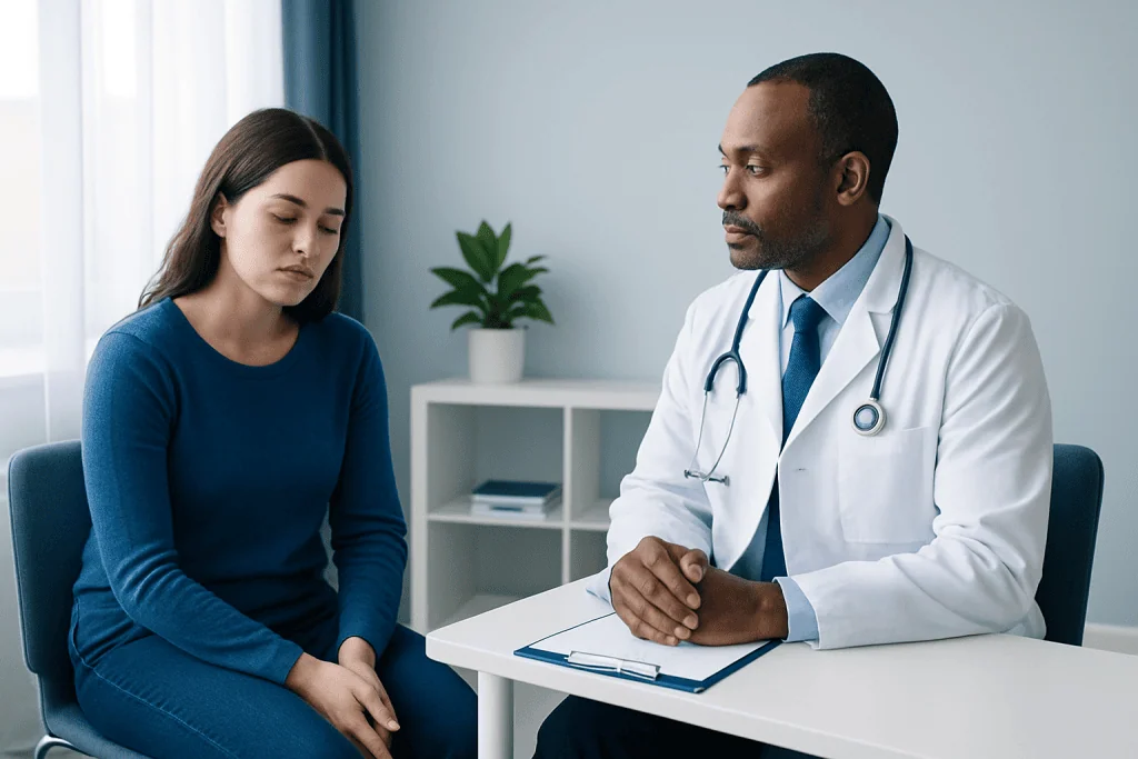 Doctor consulting with young woman patient in a medical office.