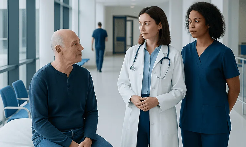Doctor consulting with elderly patient in hospital corridor.