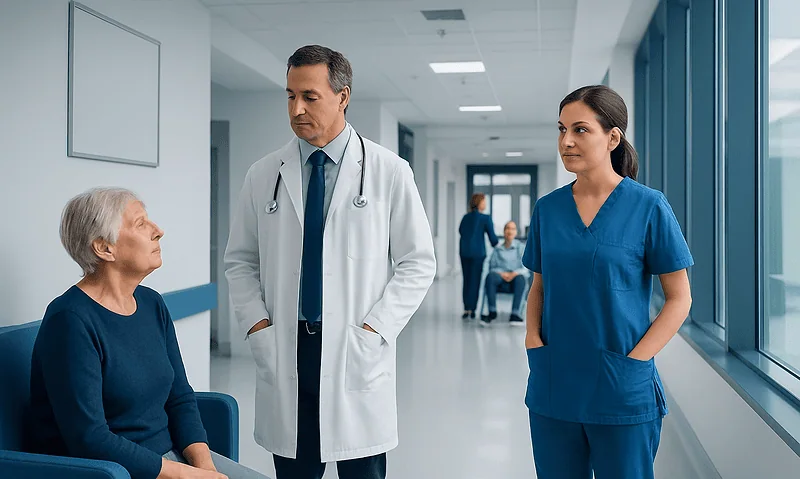 Doctor consulting elderly patient in hospital corridor.