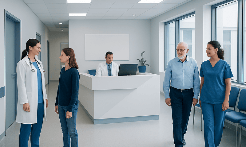 Medical professionals and patient in hospital corridor at Acibadem Hospitals Group.