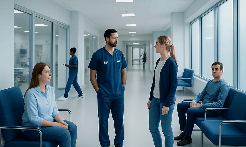 Medical staff discussing patient care in hospital corridor.