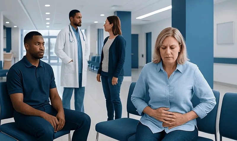 Patient experiencing abdominal pain in a hospital waiting area.