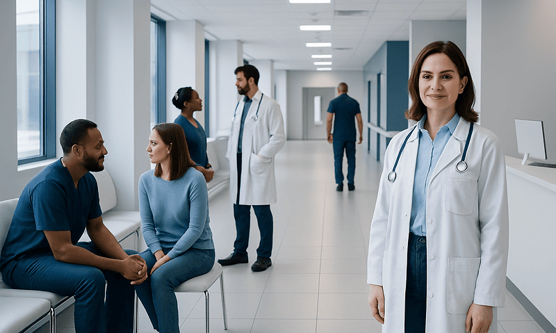 Healthcare professionals and patients in a modern hospital corridor.